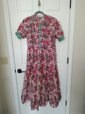BODEN Tiered Cotton Green Pink Paisley Tiered Pockets Maxi Dress 14R FLAW